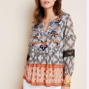 Anthropologie Maeve Embroidered Top With Balloon Sleeves